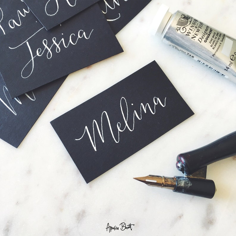 Hand Lettered Place Cards White on Black Modern Calligraphy