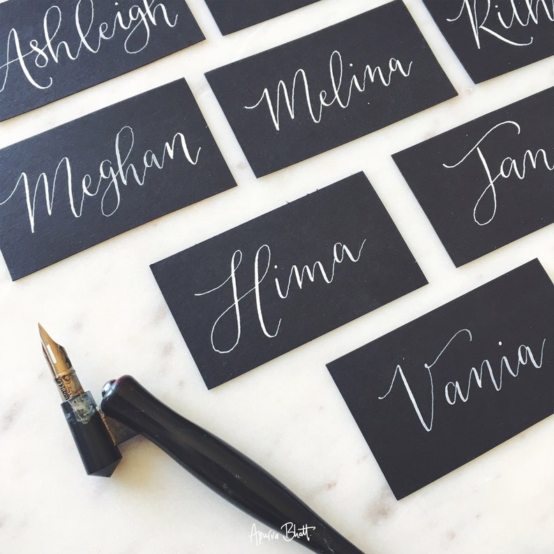 Hand Lettered Place Cards White on Black Modern Calligraphy