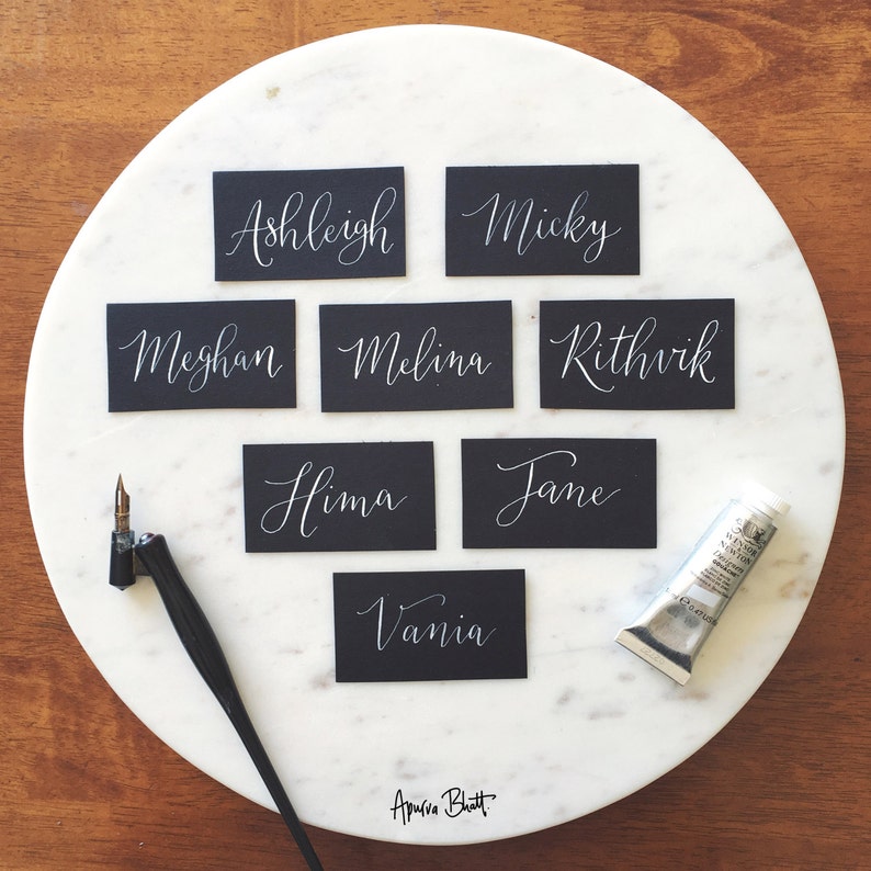 Hand Lettered Place Cards White on Black Modern Calligraphy