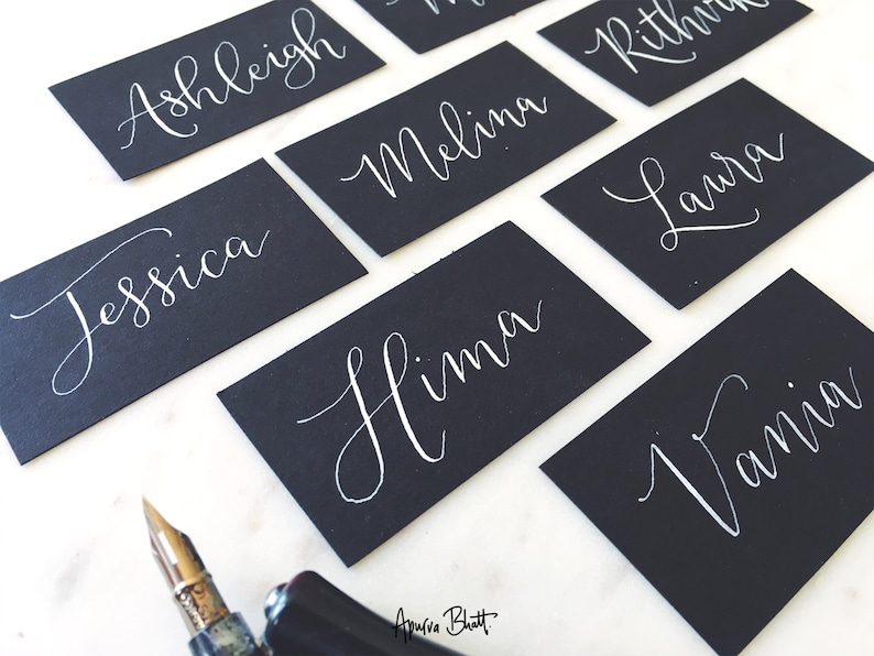Hand Lettered Place Cards White on Black Modern Calligraphy