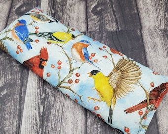 Colorful songbirds microwave rice and flax heat pad for soothing anti-stress relief-with or without lavender. Hot/cold pack with soft cotton