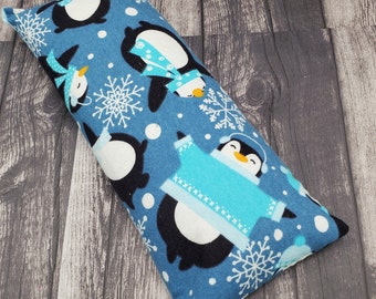 Microwave rice and flax heat pad-Blue penguins -soothing anti-stress relief-with or without lavender. Hot/cold pack 100% soft flannel.