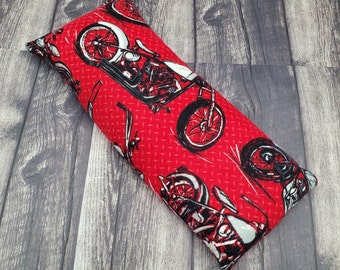 Choose size and scent - great gift!  Microwave rice and flaxseed heating pad. Reusable hot/cold pack. Motorcycles on red flannel background.