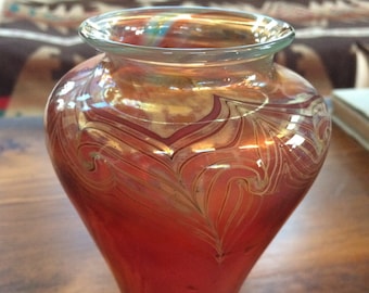 Vintage Studio Fine Art Glass Vase, red amber turquoise gold milky periwinkle, blown, Flower Vessel, signed, 50 years old