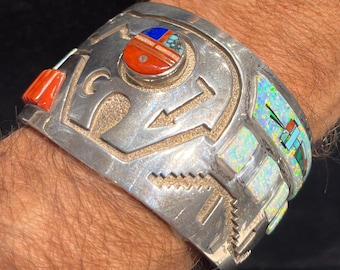 Navajo Inlay Cuff: Sterling Silver, Coral, Gilson Opal, Turquoise, Masterpiece art piece, Sun Face Yei Bi Chei Kachina, Secatero