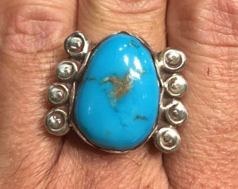 Wayne Aguilar creative Turquoise Sterling Silver Ring, Native American Indian, Santo Domingo