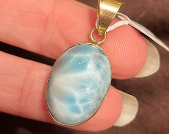 Larimar 14k Gold Pendant for Necklace, high grade Rare Dominican Republic crystal gemstone