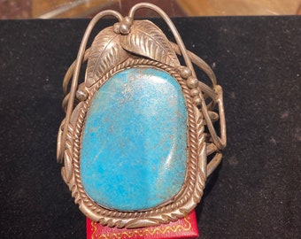 Old Navajo Kingman Turquoise Sterling Silver cuff bracelet, 1970's Native American Indian, Hippie, Bohemian flair, BIG XL large HUGE