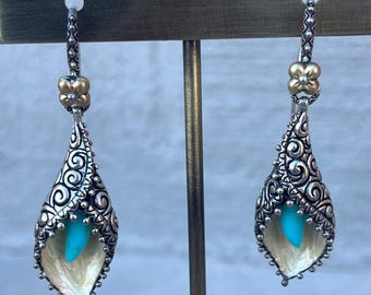 Vintage Barbara Bixby 18K Gold & Sterling Silver, Turquoise Lily Earrings, dangle, floral botanical Spiral Swirl, Thailand Boho