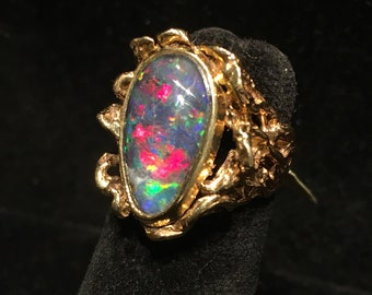 SOLD Natural Black Opal Doublet Custom made 14k gold Vintage Estate ring Wild Beautiful free form tapering shank Like roots branches Triplet