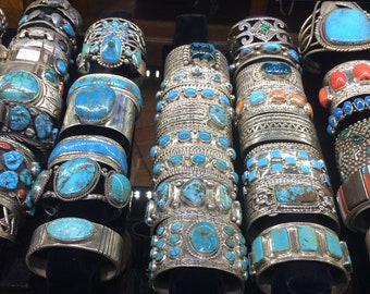 Turquoise cuff Sterling Silver multi stone Coral Lapis Lepidolite Tigers Eye bracelet watch Native American Indian Old Pawn Vintage Navajo