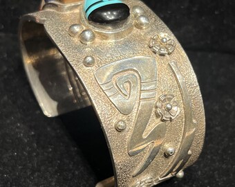 Hopi Cloud Spirit Cuff: Multi Stone Inlay, Sterling Silver, Turquoise Coral Sugilite Jasper Lapis, Overlay, Native American Talahaftewa