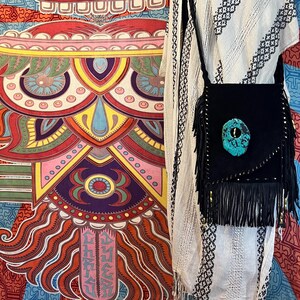 Handmade Modern Boho artful chic soft black Suede Leather Fringe Bag crossbody cross body shoulder Purse huge Turquoise Brass JADU Design