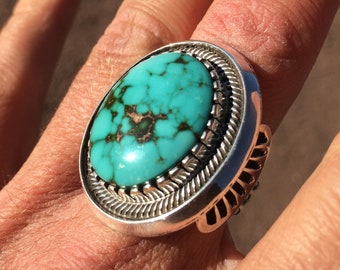 Navajo Royston Turquoise Ring, Sterling Silver Shadowbox, High grade natural gemstone, Native American Indian Martinez, precision
