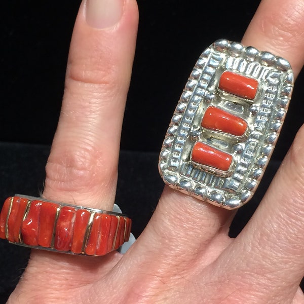 Mediterranean Coral art ring rings Branch Sterling Silver Native American Indian Zuni square snake lightning Wayne Aguilar Santo Domingo