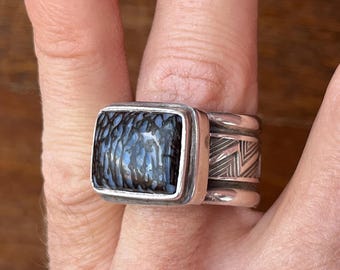 Dinosaur Bone Fossil Agatized Quartz stamped Sterling Silver Ring, Seth Brown, Taos, New Mexico