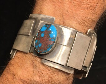 Modern Art Navajo Cuff: Egyptian Turquoise & Sculptural Sterling Silver Overlay, Willie Native American Indian, MCM Design