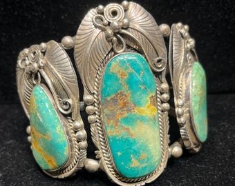 1970’s Navajo Royston Turquoise Sterling Silver Cuff, Leaves, Native American Indian, Studs, Pawn