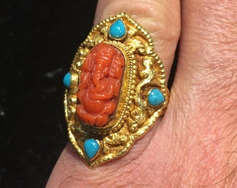 22k Gold Ganesh Ring Carved Coral, Turquoise Handmade Nepal Hindu Tibetan Buddhist Fine hand granulation all handmade Double Dorje spiritual