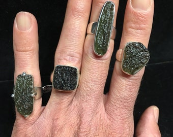 Moldovite Sterling Silver Ring, Meteorite Impact gemstone formed 15 Million Years ago, tactile, texture