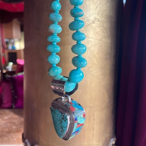 Stunning Navajo Indian Kerah Tsosie reversible Inlay Pendant Turquoise Necklace multi stone Coral Lapis Malachite Onyx One of Kind Fine Art