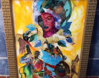 Yemaya Reverse Glass Painting, fine art original, New Orleans Hurricane Katrina, Yoruba Orisha by J.Renee J'Renee, S/H NOT INCL