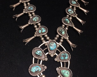 1960's Turquoise Squash Blossom Necklace, Sterling Silver, Navajo, Classic Shadow Box, Native American Indian