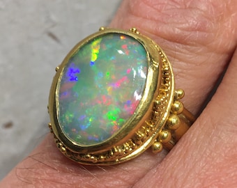 Ethiopian Opal Ring, 22K Gold Filigree, 18K Shank, Spectacular color, FINE, Master Macina