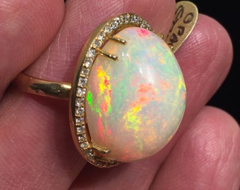 SOLD Ethiopian Opal Ring, 18K Gold, Diamond Halo, High Dome, Full Color Spectrum, Milky White Base