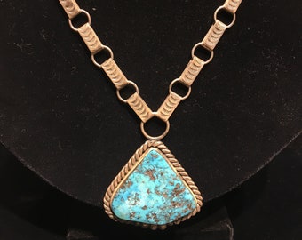 Pilot Mountain Turquoise & Pyrite pendant Sterling Silver Necklace, handmade chain, Aguilar Santo Domingo Native American Indian
