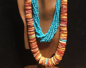 Spiny Oyster & Turquoise Disc Necklace, Native American Style, large multi stone rainbow