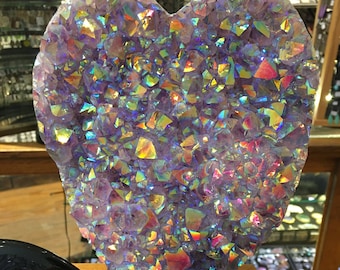 SOLD Rainbow Aura Amethyst Heart Titanium Diffusion Multi Colored Sparkly Geode Custom Stand Universal Love Large coated Crystal cluster
