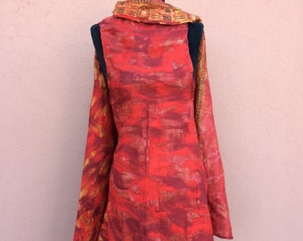 Wool Silk Vest, Shawl, women's collective Kooloo, hand made, reversible, Red Gold Black, lightweight