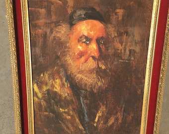 Framed Impressionist Rabbi Portrait Painting, Gold Leaf & Red Velvet, SHIPPING NOT INCL