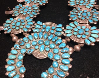 SOLD Classic Old Squash Blossom probably Navajo tons of Kingman Turquoise WOW Native American Indian Handmade Impressive Pawn Concho Zuni
