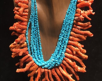 Natural Coral Branch Necklace, Multi Stone Indian Style, Old large organic graduated raw specimen