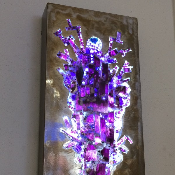 Zee backlit mosaic wall art assemblage sculpture painting gems gemstones crystals stained glass Amethyst Ruby Tourmaline Lepidolite bronze