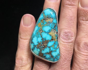 Huge Nevada Turquoise Sterling Silver Ring, Hand Hammered Band, Royston, Dezbah Stumpff, San Carlos Apache, Native American Indian