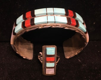 Zuni Inlay Sterling Silver Ring & Cuff Bracelet Set: Turquoise, Coral, Onyx, Mother of Pearl, Panteah Native American Indian