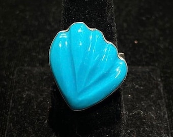 Sleeping Beauty Turquoise Sterling Silver Ring, Shell Design, seashell, Native American Indian, Boho