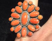 vintage Navajo coral cluster ring sterling silver Platero Native American Indian Zuni petit point needlepoint multi Southwest Southwestern