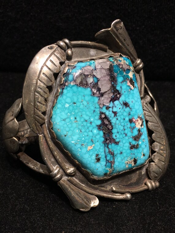 Vivid Blue Vintage Navajo Sterling Silver 3d Turquoise Bracelet Old Vivid Blue Vintage Navajo Sterling Silver 3d Turquoise Bracelet Old