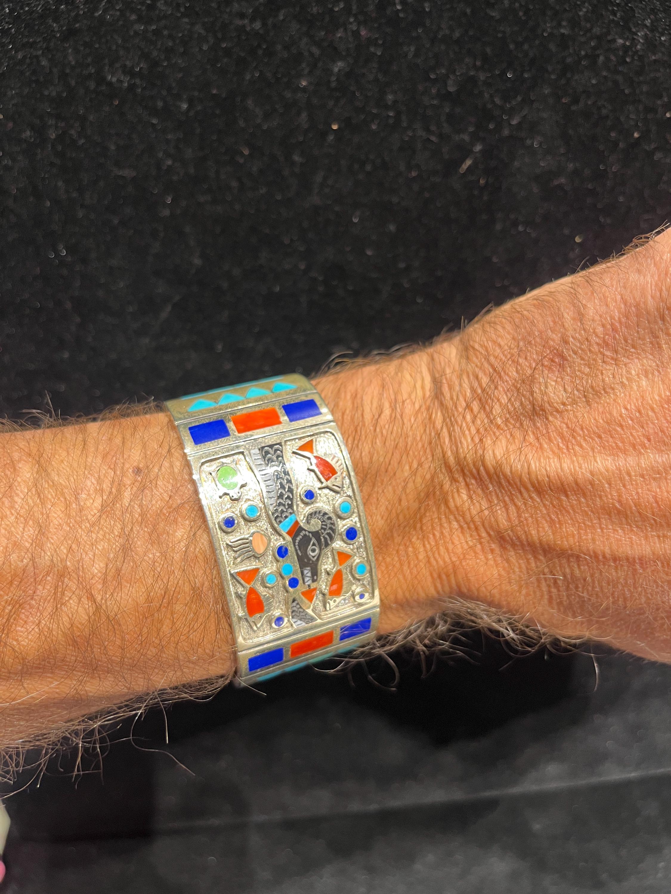 Zuni Inlay Sterling Silver Awanyu Cuff, Turquoise Coral Onyx, Avanyu ...