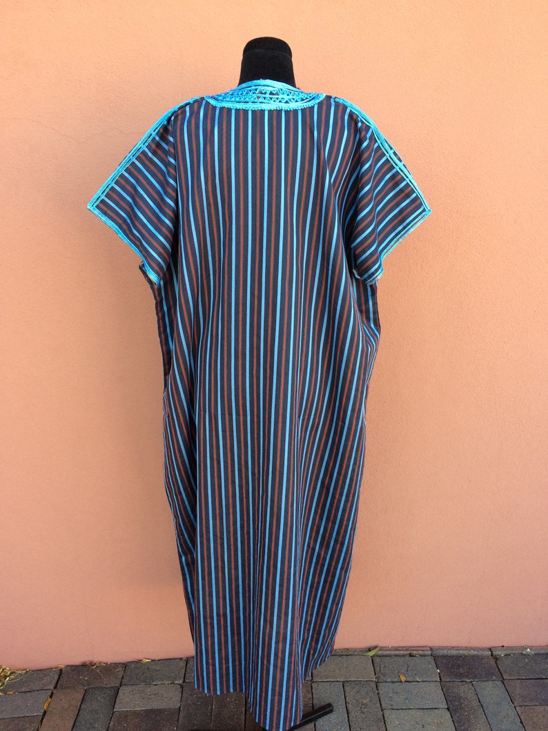 Vintage Moroccan kaftan caftan djellaba Striped blue red Unisex maxi dress cotton natural embroidered embroidery lounge Boho Chefchaouen