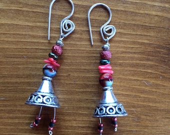 Coral Beaded Dangle Earrings, Silver Metal Boho Earrings, Sardonyx, Agate, Jasper
