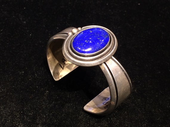 Old vintage MCM Lapis Lazuli cuff bracelet Sterli… - image 1