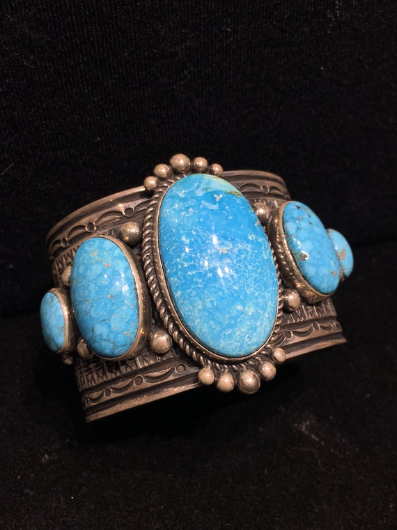 Stunning Vintage Native American Navajo Wil Benally Convex Sterling Silver Turquoise Bracelet Stunning Vintage Native American Navajo Wil Benally Convex Sterling Silver Turquoise Bracelet