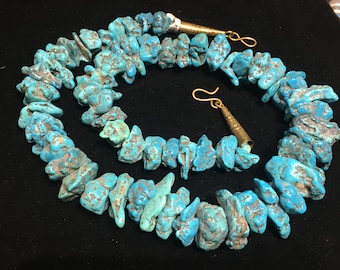 Natural Kingman Turquoise chunky Necklace, Graduated, large nuggets, Native American Indian, old pawn style