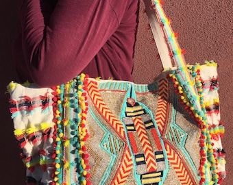 Boho Tote Bag with Colorful Pom Poms, Embroidery & Beaded Details, Beach Tote, Handmade, Big shoulder Purse, Tribal, ethnic