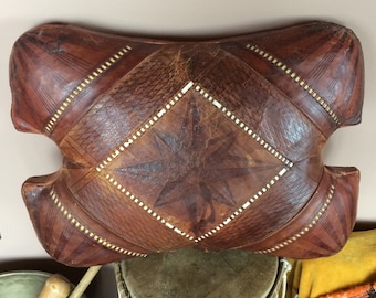 Antique Leather Camel Saddle Stool Pillow, Old, Moroccan Turkish Egyptian Decor, Distressed Patina